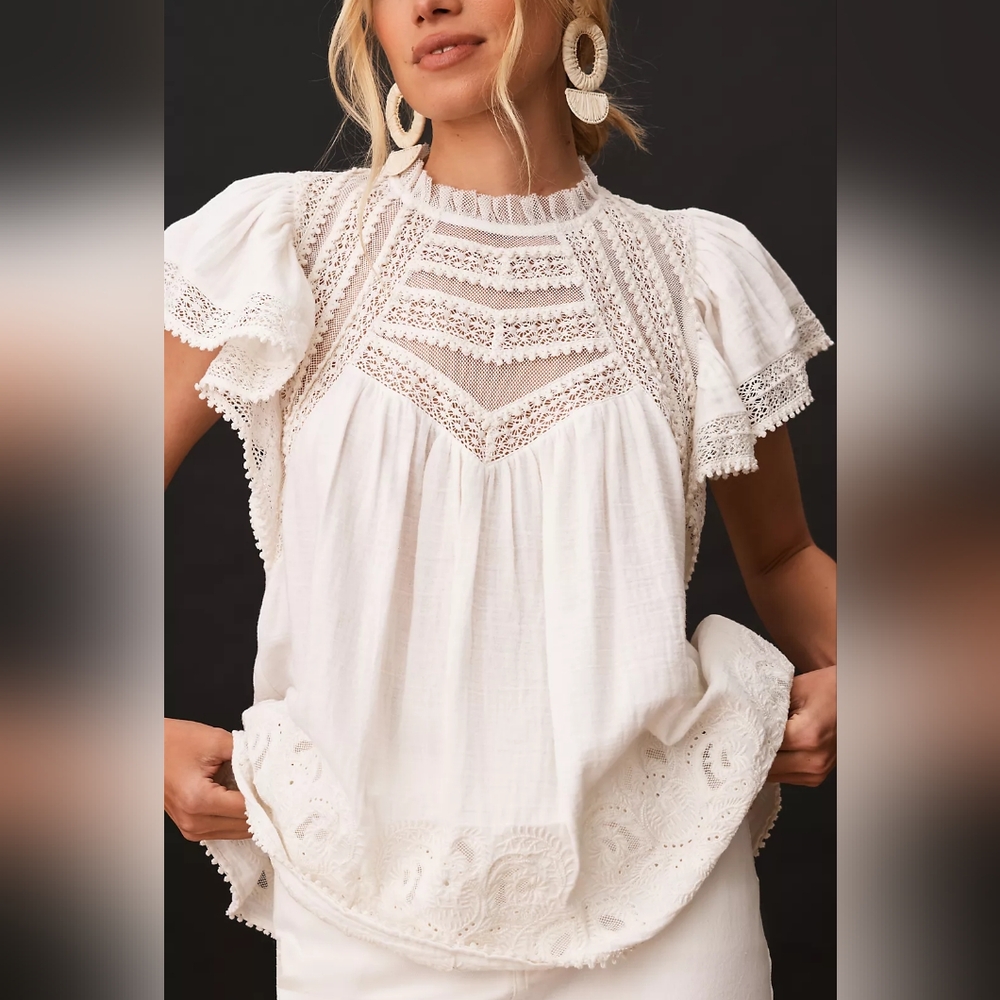 Anthropologie Forever That Girl Flutter-Sleeve Embroidered Blouse size Small